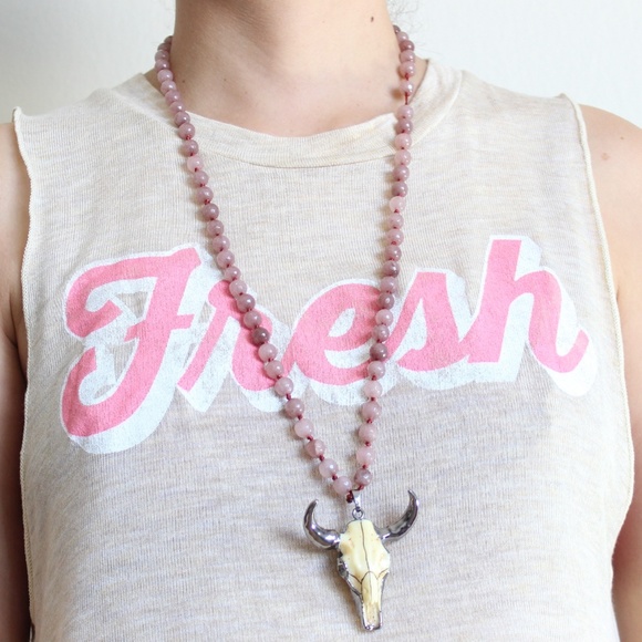 New Boho Bull Skull Stone Beaded Necklace - Picture 4 of 5